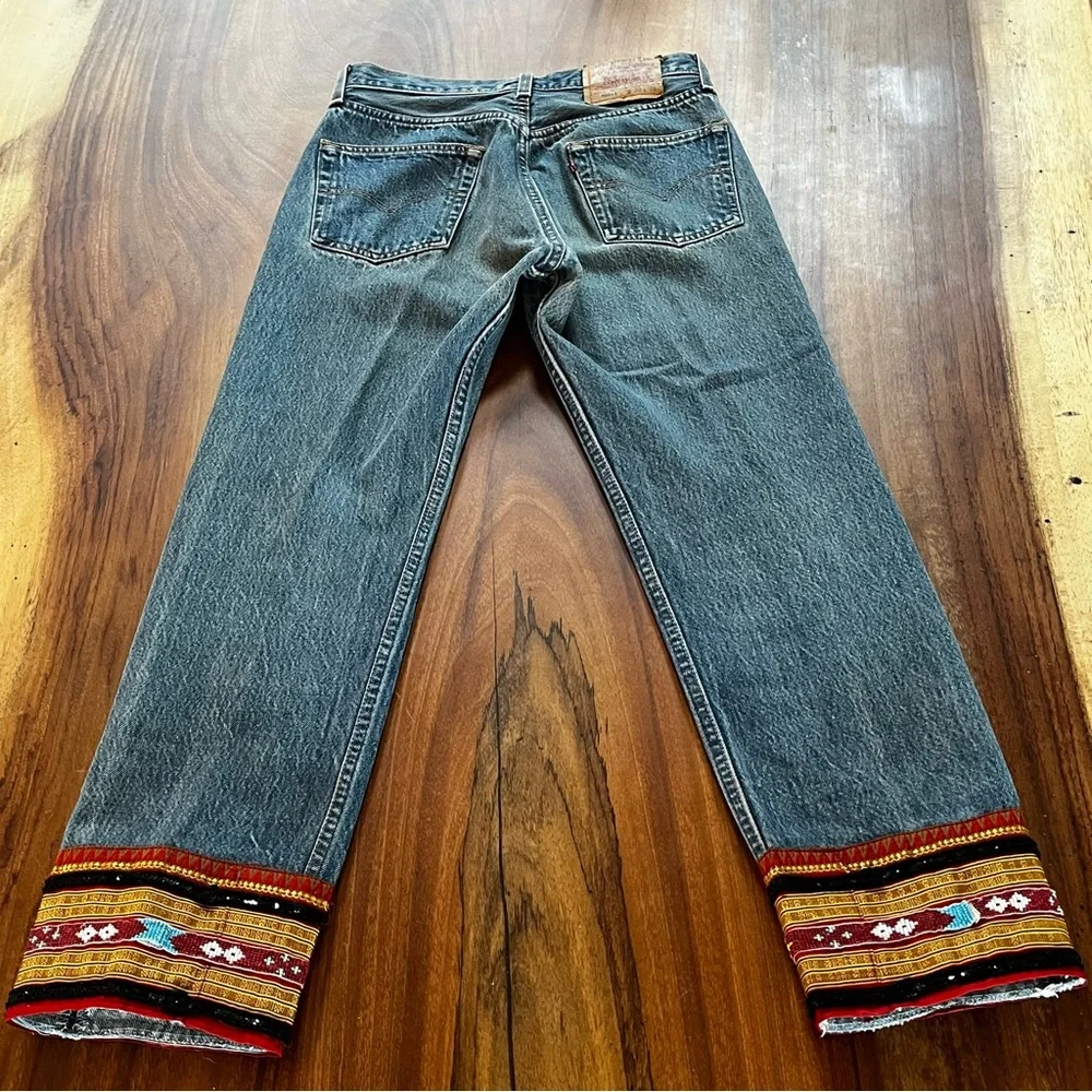 Levi's Blue Denim Jeans with Multicolor Embroidered Cuffs - Picture 6 of 10